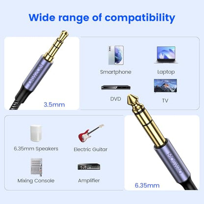 MOSWAG 3.5mm to 6.35mm Stereo Audio Cable 3FT, 1/4 to 1/8 TRS Adapter Cord | Nylon Braid & 24K Gold-Plated Guitar to Aux Cord, 1/4 to 1/8 TRS Bidirectional Stereo Cable for Guitar, Speakers, Amplifiers - size: 3.28FT/1Meter