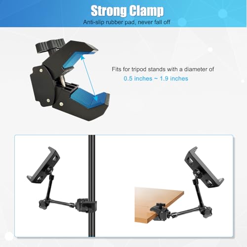 JCWINY Tablet Holder for Mic Stand, Adjustable iPad Mic Stand Mount, Tablet Holder with Clamp Mount for Pole Desk Kitchen Cabinet, Compatible with 4.7 to 12.9" iPad, iPhone, Android Smartphones - size: 11 Inch Arm