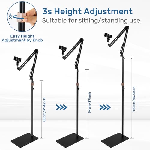 BILIONE Microphone Stand Floor with Tray & Boom Arm, 5.5lbs Weighted Base | Height Adjustable Studio/Podcast Mic Stand w/ 3/8'' to 5/8'' Adapter & 2 Mic Clips Compatible with Blue Yeti QuadCast AT2020