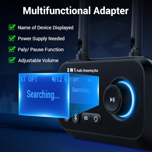 3-in-1 Low Latency Bluetooth 5.3 Transmitter for TV Audio Receiver Adapter for Stereo Long Range W.Screen Volume Control Aux/RCA/Optical Input/Output Surpport Up to 2 BT Headphones - color: Dual Antenna-BLACK
