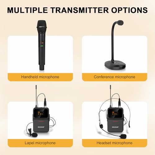 MELONARE Compact 4-Channel UHF Wireless Microphone System MWM-41-4B | 4 Headset/Lapel Microphones, 4 x 10 Frequencies, 200 ft Range, Hands-Free Vocals, Church, Conference - size: 4 Bodypack Mics