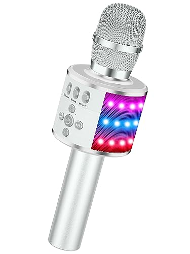 BONAOK Karaoke Microphone for Kids & Adults - Bluetooth Microphones Singing Mic with Disco Lights, Echo Effect, Built-in Speaker Portable Karaoke Player for Party Travel Gifts Q78(Silver) - color: Silver