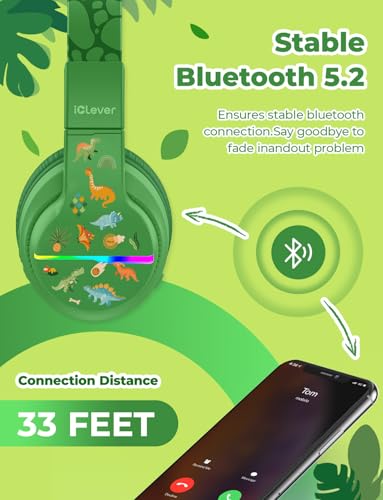 iClever BTH12 Kids Bluetooth Headphones 85H Playtime with LED Lights Travel - color: C-Green