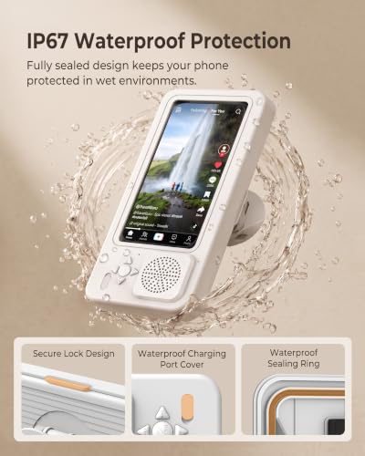 Shower Phone Holder Waterproof with Wireless Bluetooth Speaker | IP67, Anti-Fog HD Touch Screen, Bathroom Wall Mount Phone Case, 360° Rotating, Hands-Free Calls, Fits 4.7-7" Phones