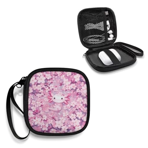 Earbud Case Axolotl Cherry Blossom Pink Earphone Carrying Case Cell Phone Accessories Storage Bag with Handle for Earphone,Flash Drive,Charging Cable, Key Wall Charger - color: Axolotl Cherry Blossom Pink