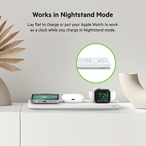 Belkin MagSafe 3 in 1 Wireless Charging Pad, Fast Charger (Renewed) | Apple Watch, iPhone 17/16/15/14, AirPods compatible, fast charging, certified refurbished, multi-device, Magnetic - color: White, style: Certified Refurbished