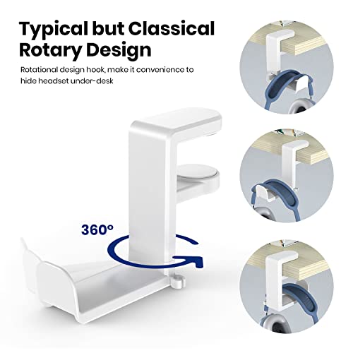 EURPMASK Rotating Headphone Stand,Adjustable Clamp-on Headset Holder Hanger | 360 Degree Swivel,Headset Hook Under Desk,No Residue,Cable Organizer,Soft Rubber Pads,Keep Headphones Secure&Desk Tidy,Black - color: White