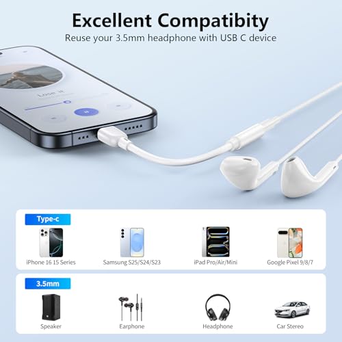 USB C iPhone16 Headphone Jack Adapter,USBC to 3.5MM Headphone Audio Adapter - color: White