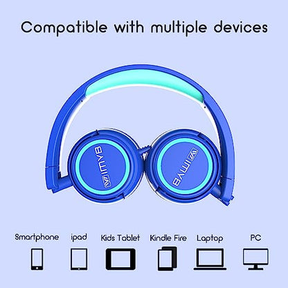 IMYB Kids Headphones, V1 Wired Stereo Foldable Tangle-Free 3.5mm Adjustable On-Ear Headphones for Kids for School/Toddlers/Childrens/Teens/Boys/Girls/Ipad/Tablet/Kindle/Phones/Travel/Plane (Blue) - color: Blue