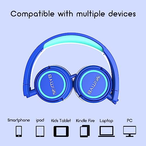 IMYB Kids Headphones, V1 Wired Stereo Foldable Tangle-Free 3.5mm Adjustable On-Ear Headphones for Kids for School/Toddlers/Childrens/Teens/Boys/Girls/Ipad/Tablet/Kindle/Phones/Travel/Plane (Blue) - color: Blue
