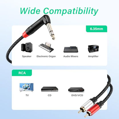 SinLoon 6.35mm TRS to 2 RCA Audio Cable 1.8M/6Ft (RCA-Male) | 1/4" Stereo Male to Dual RCA Y Splitter Cable for DVD Players Amplifiers