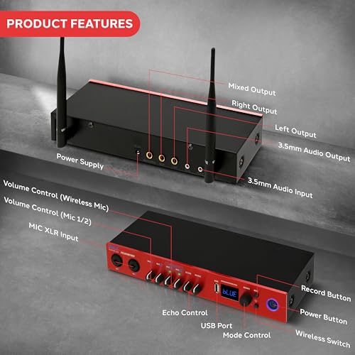 Pyle UHF Wireless Microphone System, Bluetooth, Handheld Mics, Receiver Base, Selectable Frequency, Karaoke, Professional Use, Battery Operated, 165 ft Range, Echo Control, Includes Cables - color: Red