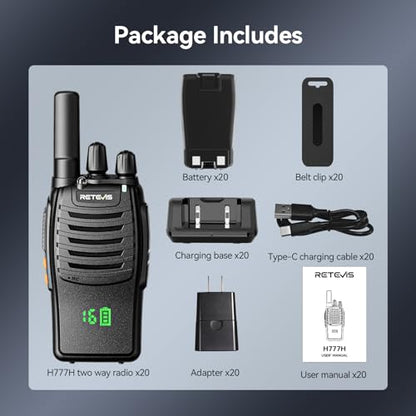 Retevis H777H Two Way Radios Rechargeable, Compact Walkie Talkie (20 Pack) | Business FRS Radios for School, Events, Intuitive Power Channel Display, USB-C, Emergency Alarm, Flashlight, Ready to Use