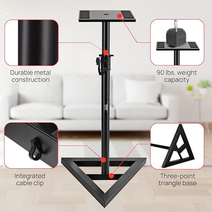 Pyle Speaker Stand Pair of Sound Play 1 and 3 Holder - Telescoping Height Adjustable from 26” - 52” Inch High Heavy Duty Three-point Triangle Base w/ Floor Spikes and 9” Square Platform, Black