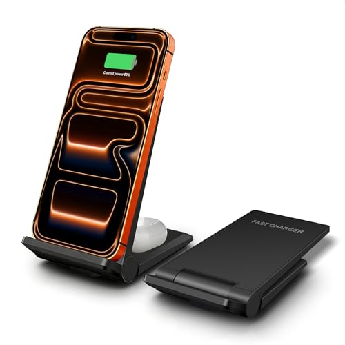Wireless Charger 2 in 1, 20W Fast Wireless Charging Stand Station Foldable for iPhone 17 16 15 14 13 12 Pro Max/XS,Air Pods, for Samsung Galaxy S25/S24/S23/S22/S21/S20,Note20/10,Galaxy Buds