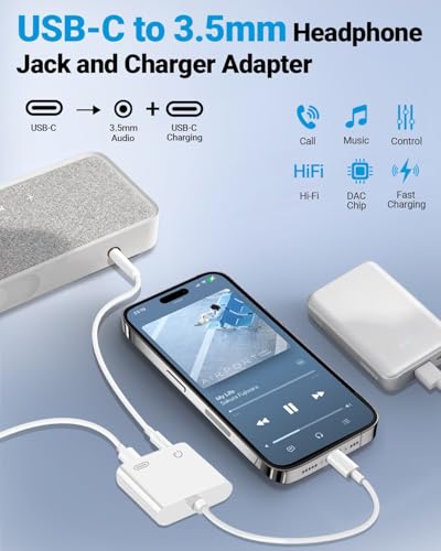 Seulliya USB C to 3.5mm Headphone Jack and Charger Adapter, 2-in-1 Audio & Fast Charging Splitter for Apple iPhone 17/16/15/Pro/Pro Max, iPad, Samsung, Pixel, and More 1Pack - color: White