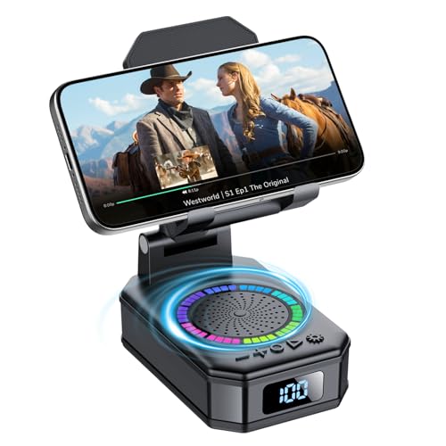 Gifts for Men Women, Cell Phone Stand with Wireless Bluetooth Speaker and Colorful LED Lights, 4-in-1 Multifunctional Phone Holder Support Fast Charging, Adjustable Desktop Stand, Best Gifts - color: Ink Black