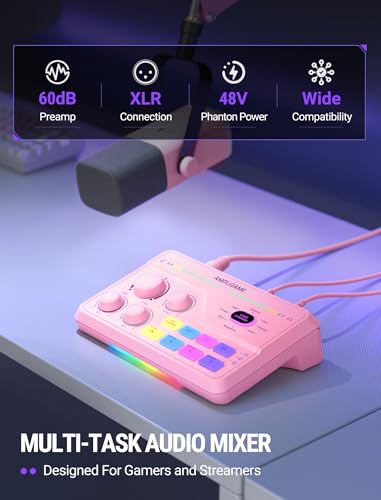 FIFINE SC8P USB Audio Mixer for Game Chat with 7.1ch Surround sound | For PC,RGB,Headphone Preamp,Mute Button,Volume Control,Optical Input,48V Phantom Power,3 EQ Modes,Game Chat Balacnce Pink