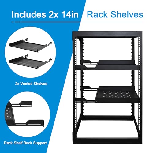 RackPath 20U Open Frame Network Rack with 2X 14in Vented 1U Shelves Rear Support, Wall Mount/Floor Standing Network Cabinet, Heavy Duty 150 lbs Capacity for IT & AV Gear, Audio and Video Device - size: 20U