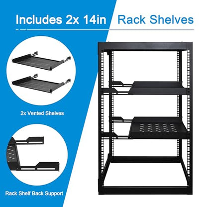 RackPath 20U Open Frame Network Rack with 2X 14in Vented 1U Shelves Rear Support, Wall Mount/Floor Standing Network Cabinet, Heavy Duty 150 lbs Capacity for IT & AV Gear, Audio and Video Device - size: 20U
