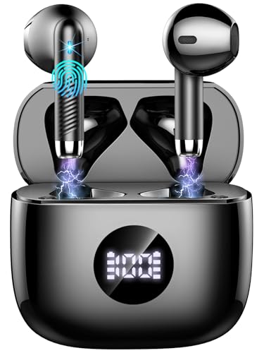 Jxrev Wireless Bluetooth 5.4 Earbuds, 6D Stereo Ear Buds, LED Power Display | in-Ear Noise Cancelling Mic, 40H Playback, Mini Case, IP7 Waterproof Sports Earphones, for Android iOS - color: Carbon Black