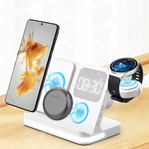 AYI 4in1 Multi Functional Wireless Charging Station with Digital Alarm Clock 15W Fast Charger Night Light Wireless Charger for All Qi Phone and Earbud Headphone Compliant with i-Watch-B22 White - color: Wireless Charger B22 White
