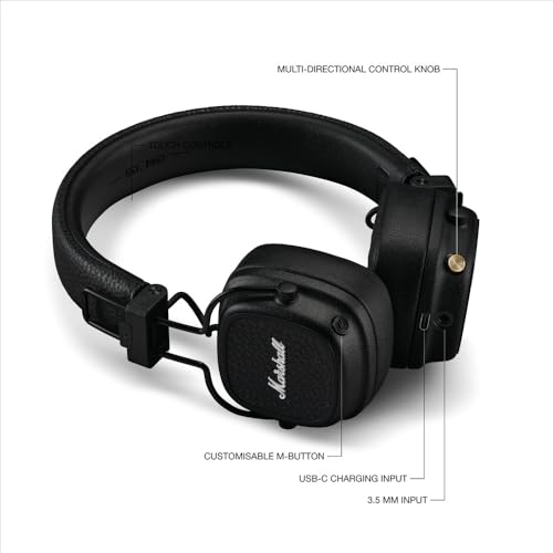 Marshall Major V Wireless On-Ear Bluetooth Headphones - 100+ Hr Playtime | Detachable Audio Cable | Microphone for Calls | Lightweight, Foldable Design for Travel - Black - color: Black