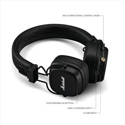 Marshall Major V Wireless On-Ear Bluetooth Headphones - 100+ Hr Playtime | Detachable Audio Cable | Microphone for Calls | Lightweight, Foldable Design for Travel - Black - color: Black