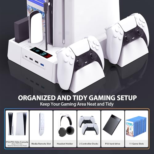 PS5 / PS5 Slim Cooling Station with Controller Charging Station, Cooling Stand for PlayStation 5 Console, PS 5 Dock Accessories Organizer with Storage Slot, PS 5 Cooler Fan, Headset Holder, 4 USB Hub