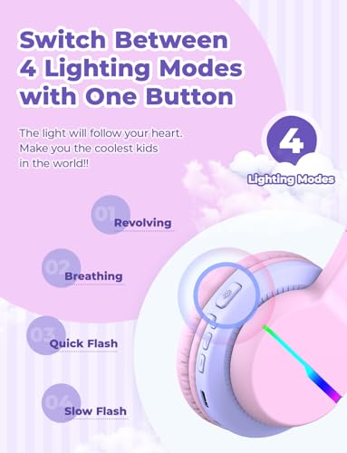 iClever BTH12 Kids Bluetooth Headphones 85H Playtime with LED Lights Travel - color: Pink&Black