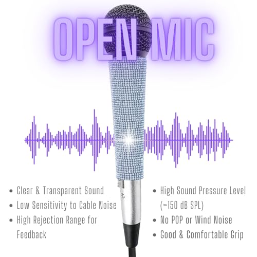 Silver Wired Dynamic Vocal Microphone and Rhinestone Cover | Dynamic Wired Mic With XLR Cable & Built-In Pop Screen, Bedazzled Crystal Cover Support Bright Live Vocals Or Karaoke