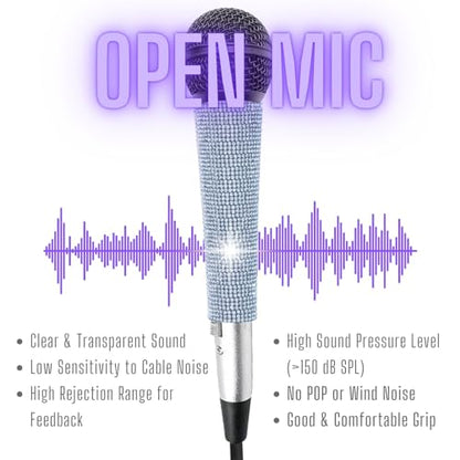 Silver Wired Dynamic Vocal Microphone and Rhinestone Cover | Dynamic Wired Mic With XLR Cable & Built-In Pop Screen, Bedazzled Crystal Cover Support Bright Live Vocals Or Karaoke