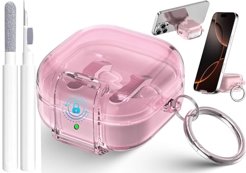Compatible with Samsung Galaxy Bud 4 Pro Case/Buds4 Case Clear Lock Clip with Phone Stand + Cleaner Kit, Transparent TPU Galaxy Buds Pro 4 2026 Protective Cover Men Women with Carabiner, Clear Pink - color: A-Clear Pink, size: For Galaxy Buds 4/4 Pro 2026