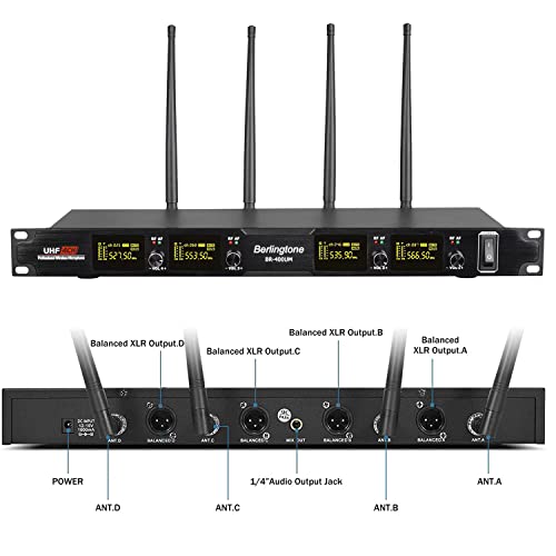 Pro Wireless Microphone System, 4-Channel UHF Wireless Mic Set with 2 Handheld Microphones, 2 Bodypack/Headset/Lapel Mics, Metal Cordless Microphone Base for Church, Singing, DJ (BR-402UM)
