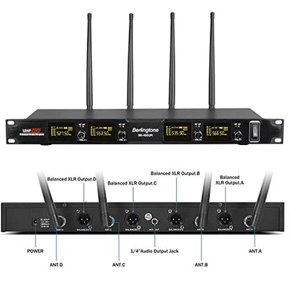 Pro Wireless Microphone System, 4-Channel UHF Wireless Mic Set with 2 Handheld Microphones, 2 Bodypack/Headset/Lapel Mics, Metal Cordless Microphone Base for Church, Singing, DJ (BR-402UM)