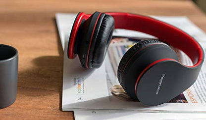 PowerLocus Wireless Bluetooth Over-Ear Stereo Foldable Headphones, Wired Headsets Rechargeable with Built-in Microphone for iPhone, Samsung, LG, iPad (Black/Red) - color: Black/Red