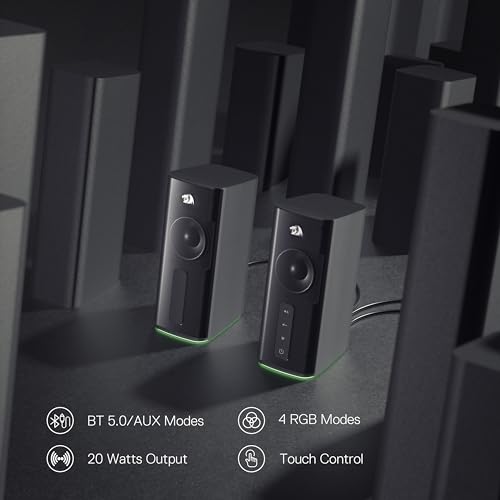 Redragon GS814 Stereo Desktop Speaker, BT & AUX Dual Connectivity, 20W | 2.0 Stereo Enhanced Auido Quality, 4 RGB Lighting Effects, Touch Controls, Plug & Play USB Powered Computer Speaker