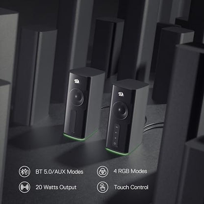 Redragon GS814 Stereo Desktop Speaker, BT & AUX Dual Connectivity, 20W | 2.0 Stereo Enhanced Auido Quality, 4 RGB Lighting Effects, Touch Controls, Plug & Play USB Powered Computer Speaker