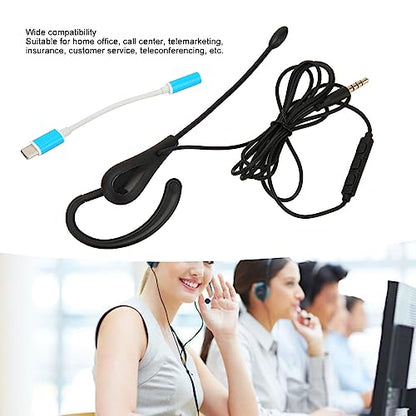 Single Ear Headset with Microphone, Wired, Noise Cancelling, Lightweight, Type-C, for Call Center Office