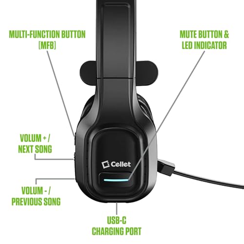 Cellet Overhead Boom Mic Wireless Headset with Noise Cancelling, Echo Reduction, 34H Talk Time, 30ft Range – Adjustable Headband, All-Day Comfort