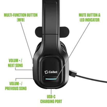 Cellet Overhead Boom Mic Wireless Headset with Noise Cancelling, Echo Reduction, 34H Talk Time, 30ft Range – Adjustable Headband, All-Day Comfort