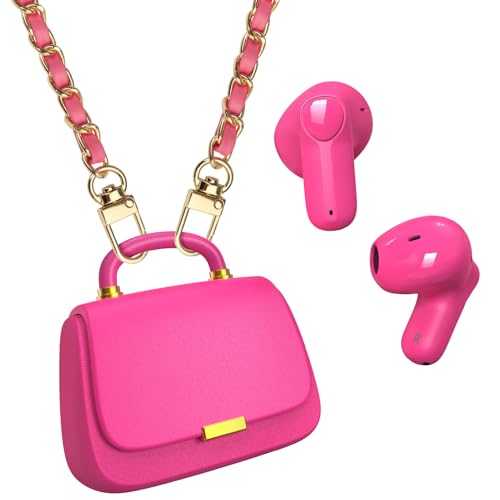 ANCwear Wireless Earbuds with Mini Handbag Case, 22H Playtime, Hot Pink | Bluetooth 5.3, 13mm drivers, touch controls and DIY stickers for music, calls, travel, everyday wear and gifting - color: Rose PU