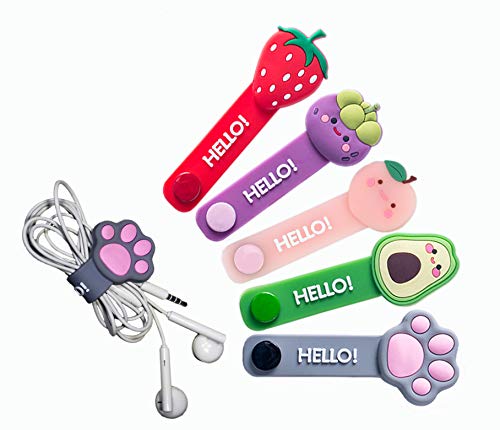 Earphone Cable Ties,Cord Winder,Strap Winder,Cord Organizer,Cable Straps, Cord Management,Cartoon Headphone Wire Ties,Wrap Winder, Fruit Shape Cable Management, USB Holder,Earphone Organizer, 5pcs