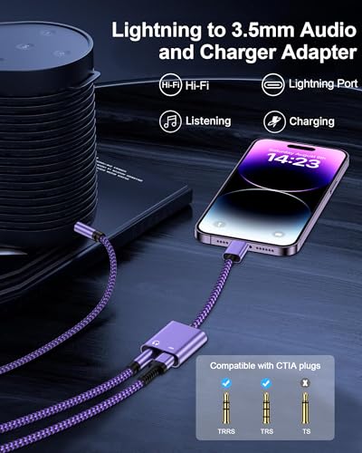 2-in-1 Lightning to 3.5mm Audio Adapter with Charging, Headphone Splitter | MFi Certified iPhone Aux Adapter Female Converter for Apple 14 Plus 13 12 11 Pro Max XR XS iPad mini iPod, Car & Home Stereo - color: Purple