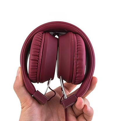 Olyre Kids Wired Foldable Headphones, Children Headset, Mic, Boys, Girls - color: Maroon
