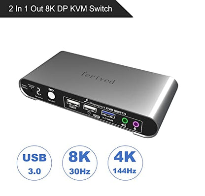 2 Port DP USB 3.0 Automatic KVM Switch Two Computers 1 DisplayPort Monitor switcher, 8K@30Hz 4K@144Hz, Aluminum hotkey Audio mic, Digital Display, HDR10 with Cables - style: 2 Computers 1 DP Monitor USB 3.0