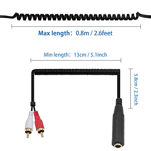 Poyiccot RCA to 1/4 Female Adapter Cable, Coild Spring 6.35mm to RCA Adapter, 1/4 inch TRS Stereo Jack Female to 2RCA Male Plug Y Splitter Extension Cable, 2.6ft