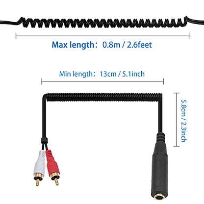 Poyiccot RCA to 1/4 Female Adapter Cable, Coild Spring 6.35mm to RCA Adapter, 1/4 inch TRS Stereo Jack Female to 2RCA Male Plug Y Splitter Extension Cable, 2.6ft