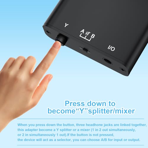 3.5mm Audio Switch, Aux Stereo Headphone Switcher Box, Bi-Directional 1 in 2 Out Splitter/2 in 1 Out Mixer, with Manual Selector and Y Button(Dual Input/Output), for Speaker/Laptop/Phone