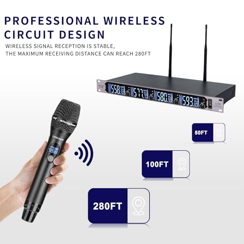 LyricLoom Professional 4 Channel Wireless Microphone System, Metal Handheld Dynamic UHF Wireless Mics Set 4 Pack, Vocal Cordless Microphnes for Singing and Dj,Karaoke,Speaker,chrush,Long Range 300ft